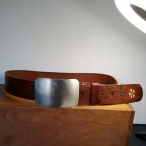 Vintage Brown Leather Belt, Large German Silver Buckle.